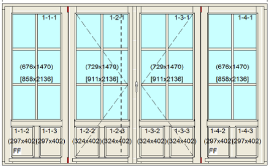 Openslaande deuren bxh 360cm x 220cm 1/4 paneel met 8×3 ruitverdeling